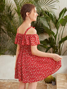 SHEIN Đầm Gái Thắt nút Họa tiết hoa Boho - Đỏ - Xem 2