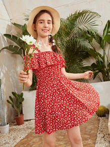 SHEIN Đầm Gái Thắt nút Họa tiết hoa Boho - Đỏ - Xem 4
