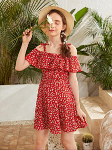 SHEIN Đầm Gái Thắt nút Họa tiết hoa Boho - Đỏ - Xem 5