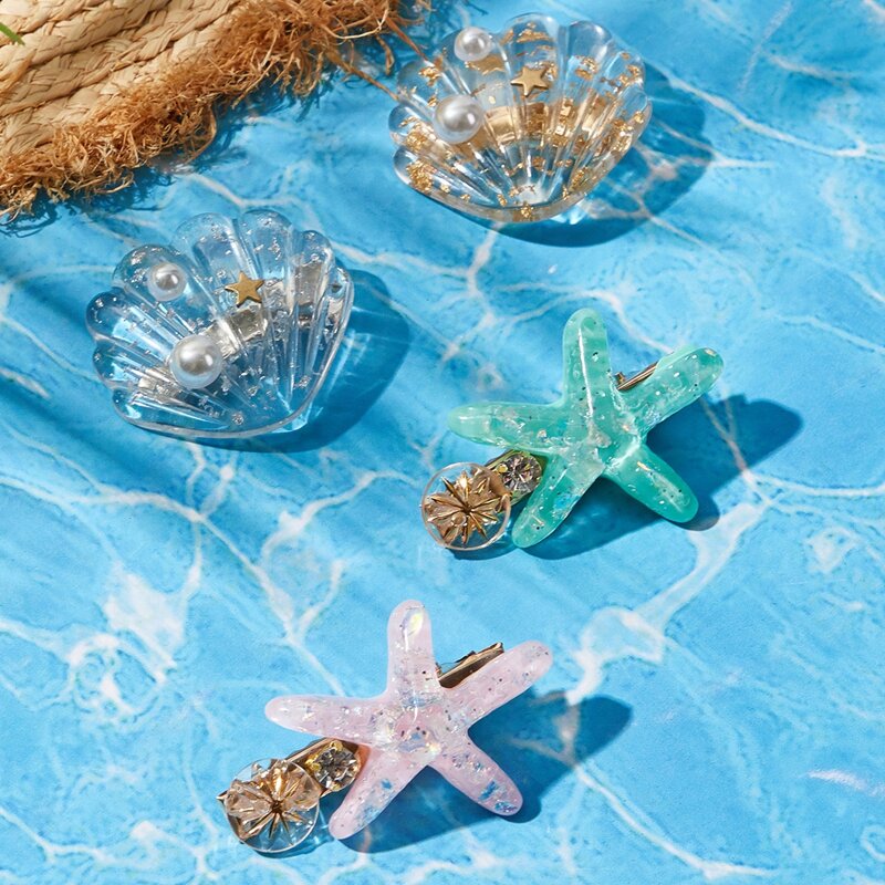 

2pcs Random Color Shell & Starfish Hair Clip, Multicolor