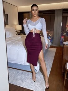 SHEIN Privé Party Solid Ruched Split Thigh Skirt - Purple - View 3