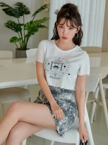 DAZY 小褶邊字母圖案T恤