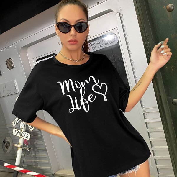 

Slogan Graphic Drop Shoulder Tee, Black