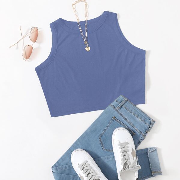 

Plus Solid Rib Crop Tank Top, Blue