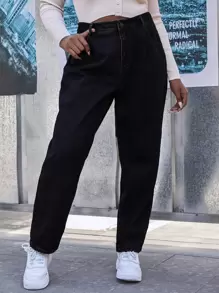 SHEIN EZwear Jeans de pierna recta unicolor sin cinturón - Negro - Ver 1