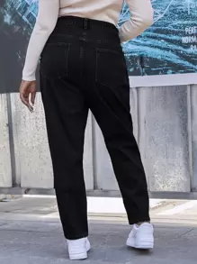 SHEIN EZwear Jeans de pierna recta unicolor sin cinturón - Negro - Ver 2