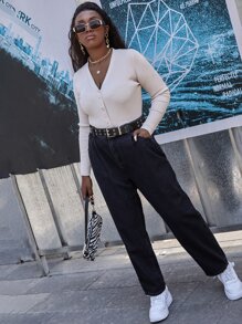 SHEIN EZwear Jeans de pierna recta unicolor sin cinturón - Negro - Ver 3