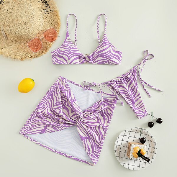 

3pack Zebra Stripe Bikini Swimsuit With Cover Up, Purple