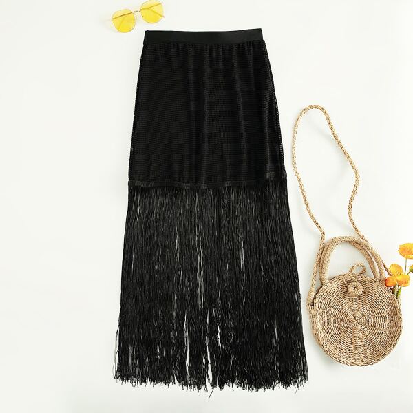 

Fringe Hem Sheer Beach Skirt, Black
