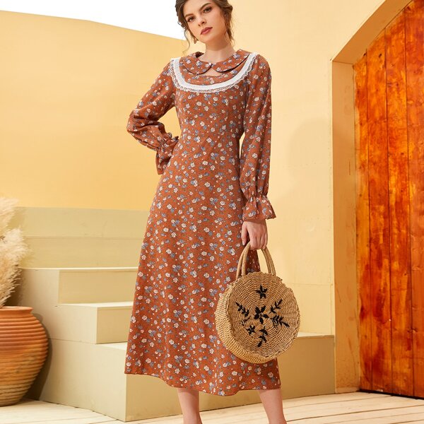 

Peter Pan Collar Ditsy Floral Lace Trim Dress, Rust brown