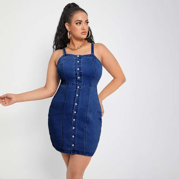 

Plus Button Front Cami Denim Dress, Dark wash