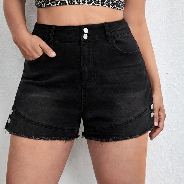 

Plus Button Detail Raw Hem Denim Shorts, Black