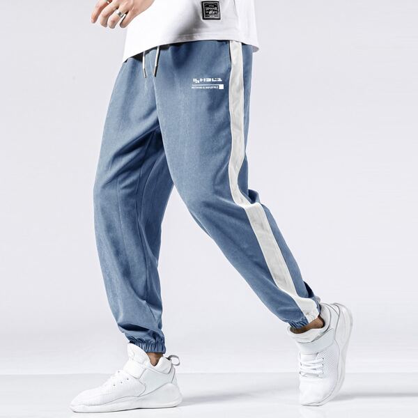 

Men Slogan Graphic Drawstring Carrot Pants, Dusty blue