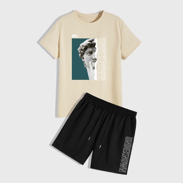 

Men Figure And Letter Graphic Tee & Shorts, Multicolor