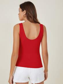 SHEIN BASICS Scoop Neck Solid Tank Top - Red - View 2