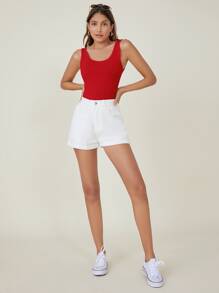 SHEIN BASICS Scoop Neck Solid Tank Top - Red - View 3