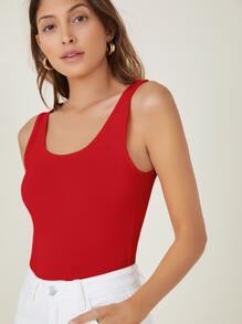 SHEIN BASICS Scoop Neck Solid Tank Top - Red - View 5