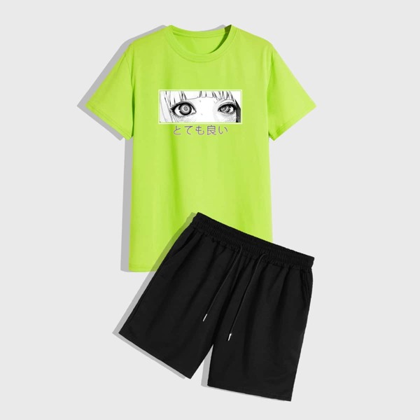 

Men Japanese Letter And Figure Graphic Tee & Track Shorts, Multicolor