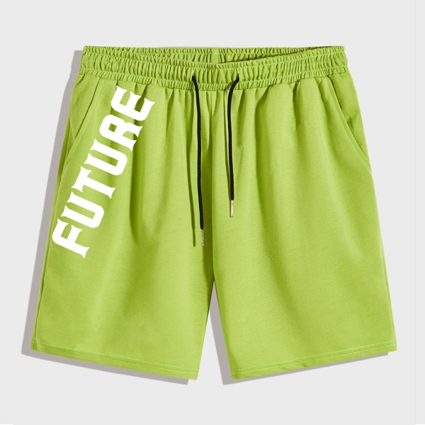 

Men Letter Graphic Drawstring Waist Shorts, Lime green