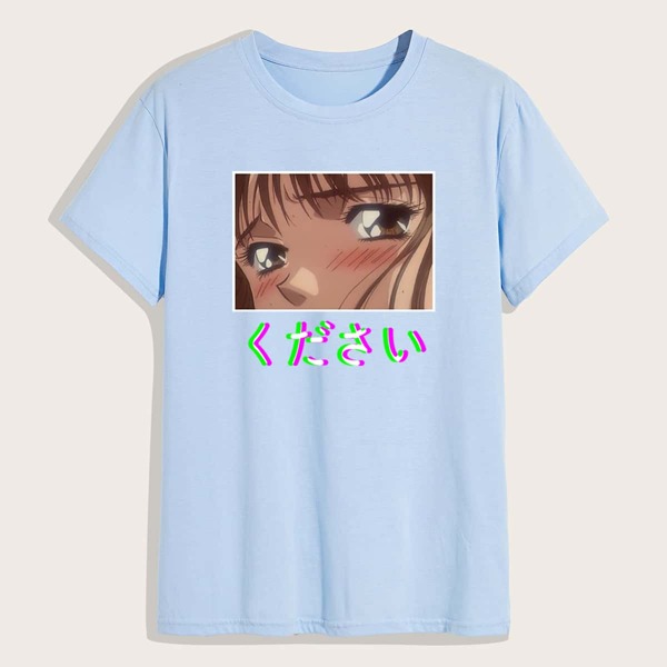 

Men Japanese Letter And Figure Graphic Tee, Baby blue