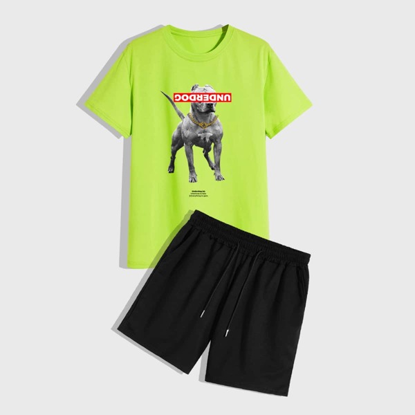 

Men Dog And Letter Graphic Tee & Track Shorts, Multicolor