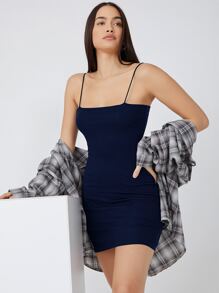 SHEIN BASICS Váy bodycon Bông Chất rắn - Màu xanh hải quân - Xem 1
