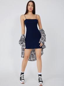 SHEIN BASICS Váy bodycon Bông Chất rắn - Màu xanh hải quân - Xem 4