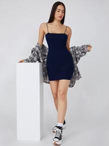 SHEIN BASICS Váy bodycon Bông Chất rắn - Màu xanh hải quân - Xem 5