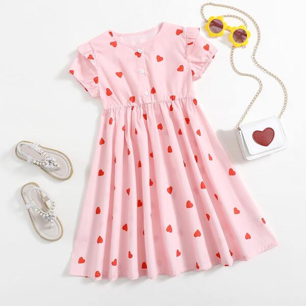 

Girls Allover Heart Print Ruffle Trim Dress, Baby pink