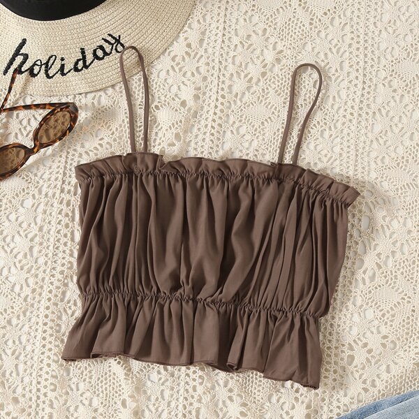 

Frill Trim Ruched Bust Cami Top, Mocha brown
