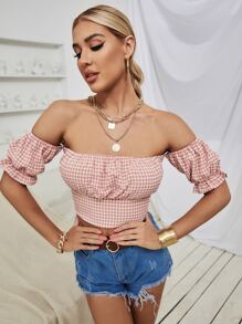 Off Shoulder Gingham Top - Baby Pink - View 1