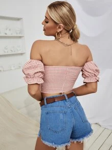 Off Shoulder Gingham Top - Baby Pink - View 2