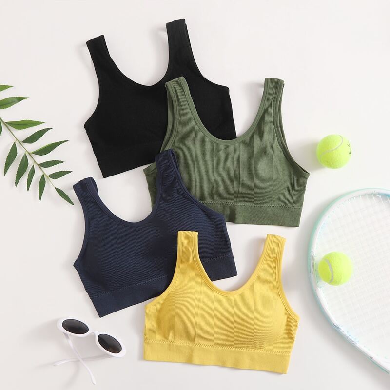 

4pcs Rib Knit Medium Support Sports Bra, Multicolor