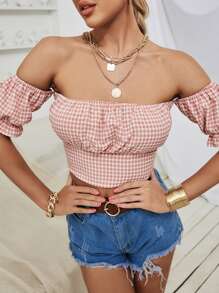 Off Shoulder Gingham Top - Baby Pink - View 4