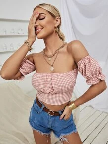 Off Shoulder Gingham Top - Baby Pink - View 5