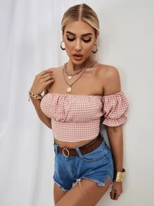 Off Shoulder Gingham Top - Baby Pink - View 7