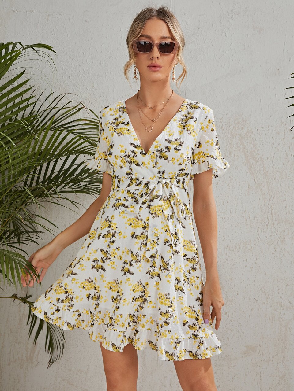 Maternity Self Belted Floral Swiss Dot Dress