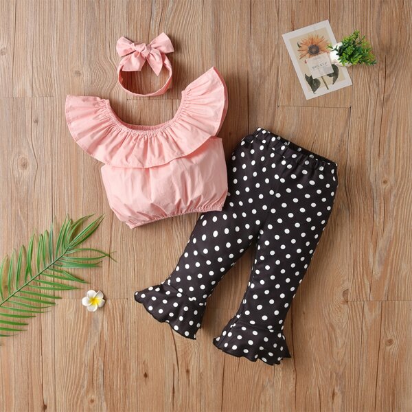 

Baby Girl Ruffle Trim Top & Polka Dot Pants & Headband, Multicolor
