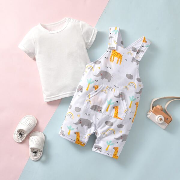 

Baby Boy Tee With Cartoon Graphic Overall Romper, White