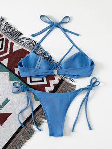 Underwire Tie Side Bikini Set For Summer Beach Vacation - Dusty Blue - View 2