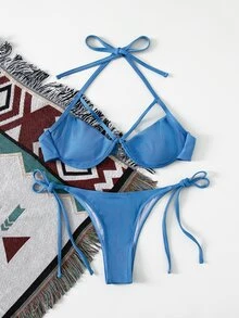 Underwire Tie Side Bikini Set For Summer Beach Vacation - Dusty Blue - View 3