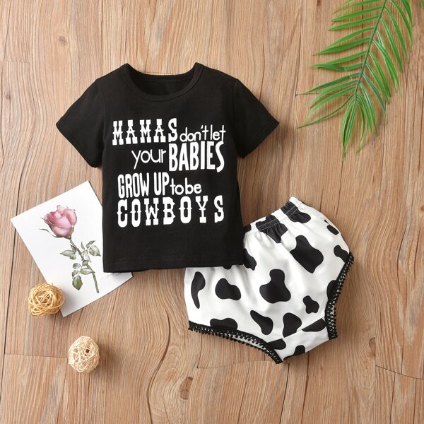 

Baby Girl Slogan Graphic Tee With Cow Print Shorts, Black