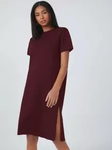 SHEIN BASICS Cotton Split Hem Solid Dress - Maroon - View 1