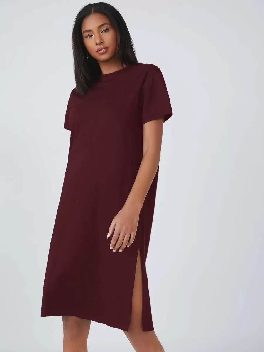 SHEIN BASICS Cotton Split Hem Solid Dress - Maroon - View 1