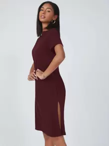 SHEIN BASICS Cotton Split Hem Solid Dress - Maroon - View 3