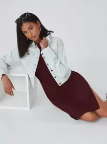 SHEIN BASICS Cotton Split Hem Solid Dress - Maroon - View 4