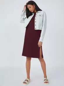 SHEIN BASICS Cotton Split Hem Solid Dress - Maroon - View 5