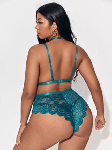 Plus Floral Lace Scallop Trim Teddy Bodysuit - Teal Blue - View 2