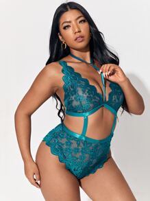 Plus Floral Lace Scallop Trim Teddy Bodysuit - Teal Blue - View 3