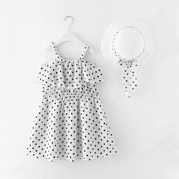 

Toddler Girls Polka Dot Ruffle Dress With Hat, White
